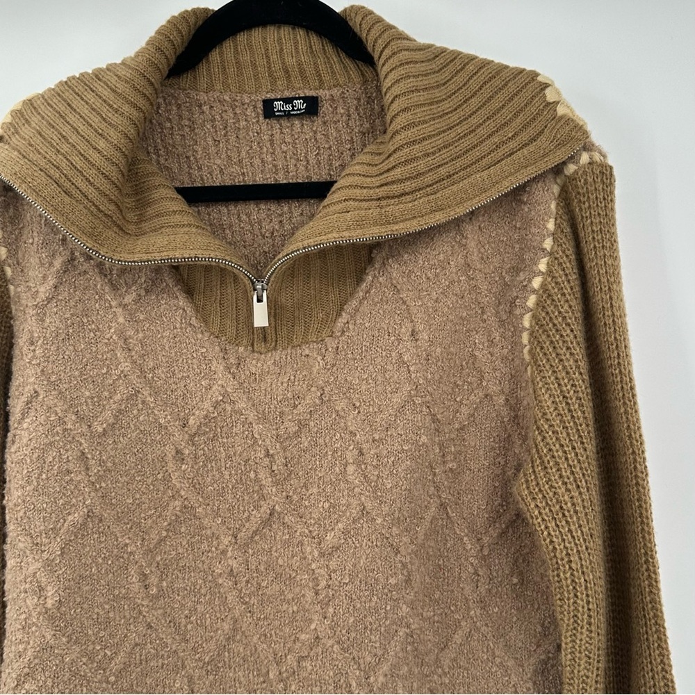 Miss Me 1/4‎ Zip Pullover Textured Cable Knit Brown Tan Sweater Size Small - Picture 2 of 9